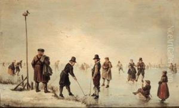 Figures Skating In A Winter Landscape Oil Painting by Hendrick Avercamp