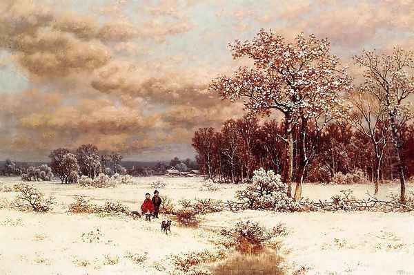 Children in a Snowy Landscape Oil Painting by William Mason Brown