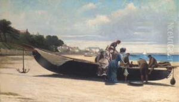 Elegantes A L'arrivee Des Pecheurs Dans La Baie Arcachon Oil Painting by Jules-Charles Aviat