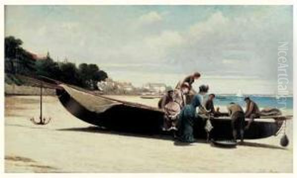 Elegantes A L'arrivee Des Pecheurs Dans La Baie D'arcachon Oil Painting by Jules-Charles Aviat