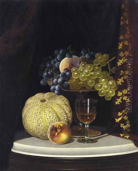 Still Life with Melon, Peach, Fruit-Filled Compote and Glass of Wine on a Marble Table Top Oil Painting by William Mason Brown