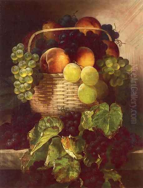 Still Life with Grapes. Plums and Peaches in a Basket Oil Painting by William Mason Brown