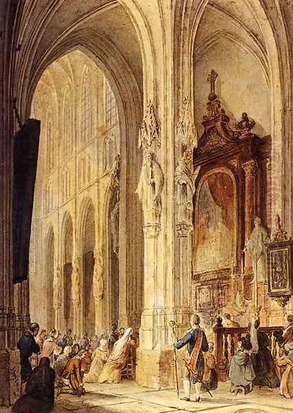 A Church Interior With People Attending Mass Oil Painting by Johannes Bosboom