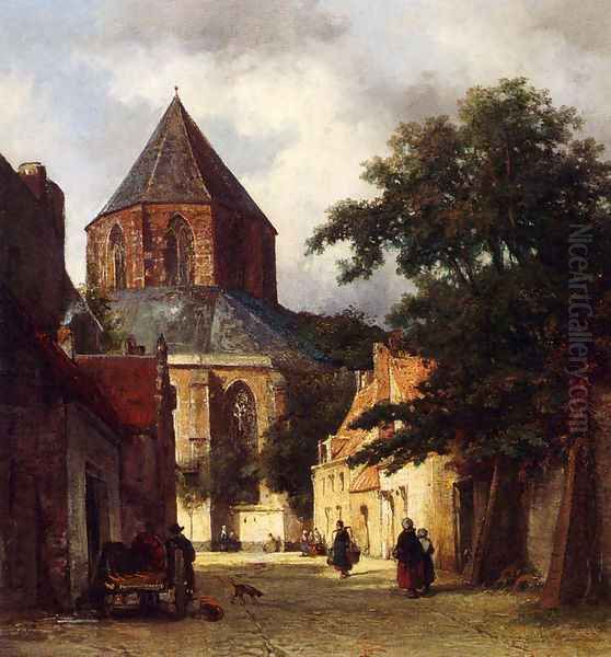 Figures In The Streets Of A Dutch Town, A Church In The Background Oil Painting by Johannes Bosboom