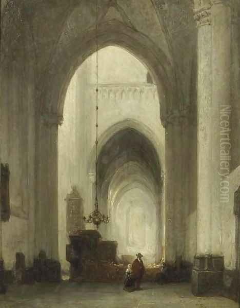 A church interior with figures Oil Painting by Johannes Bosboom