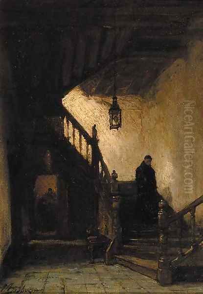 Kloostertrap te Boxmeer a monk descending a staircase Oil Painting by Johannes Bosboom