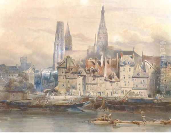 Rouaanse Kaai view of the quay at Rouen Oil Painting by Johannes Bosboom