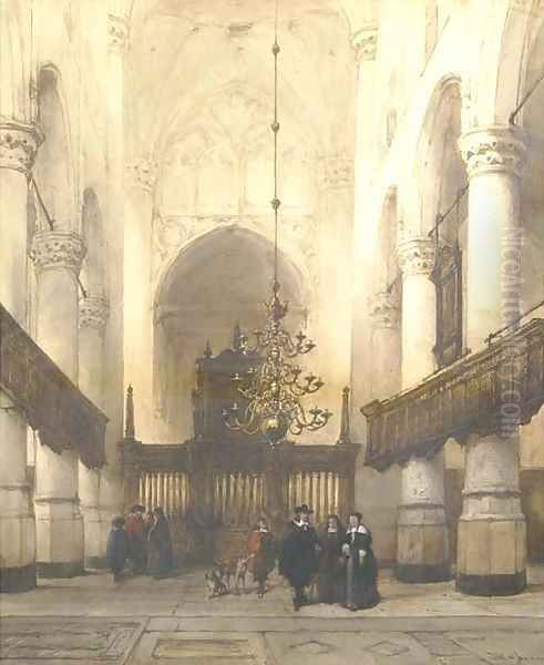 Figures in the Nieuwe Kerk, Delft Oil Painting by Johannes Bosboom