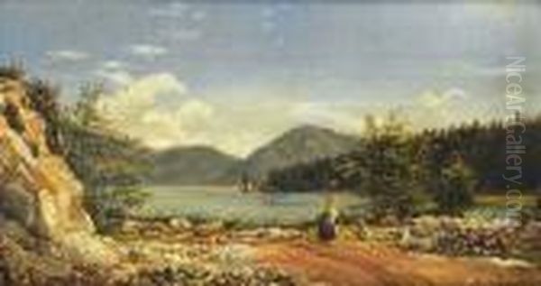 Kvinne Med Rive Og Sittende Mann Ved Innsjo 1830 1830 Oil Painting by Knud Andreassen Baade