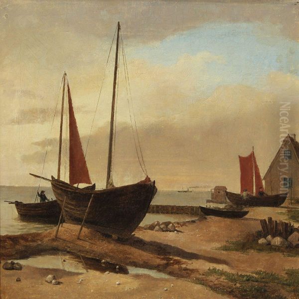 Coastal Scenery With Ships On The Beach Oil Painting by Carl Emil Baagoe