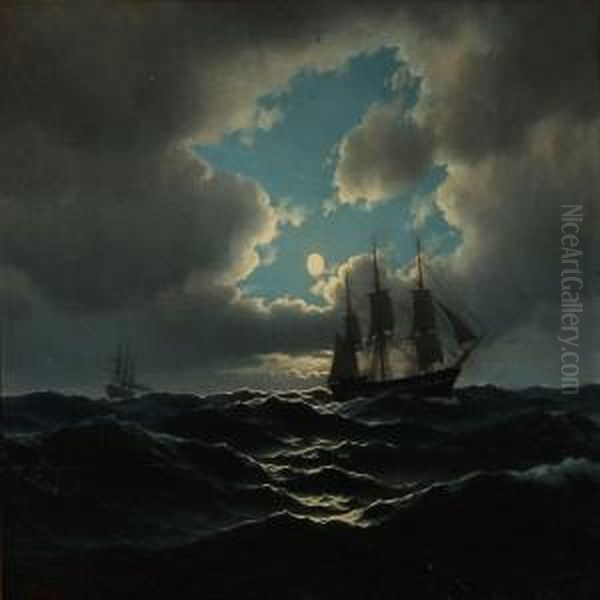 Seascape With Ships In Moonlight Oil Painting by Carl Emil Baagoe