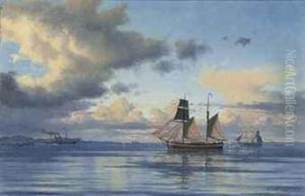 A Paddlesteamer, A Coastal 
Trader And Other Shipping In The Soundoff Kronborg Castle, Elsinore, 
Denmark Oil Painting by Carl Emil Baagoe