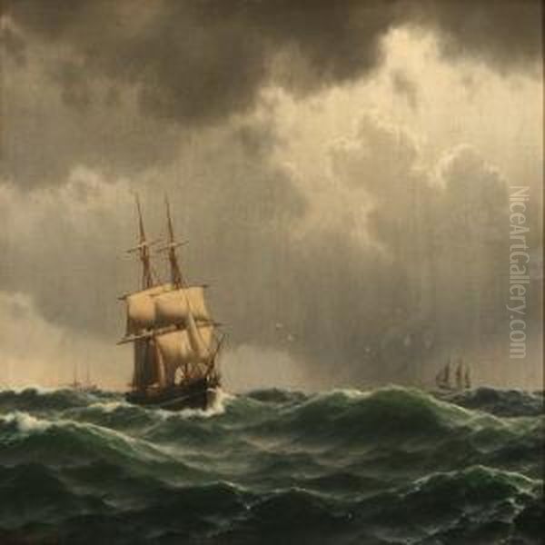 Marine With Sailing Ships In High Waves Oil Painting by Carl Emil Baagoe