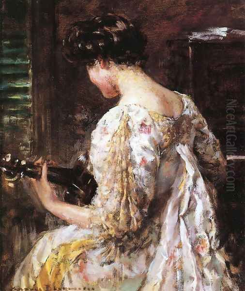 Woman with Guitar Oil Painting by James Carroll Beckwith