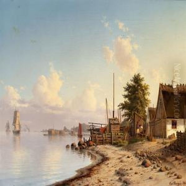 A Summer's Day Fishing Village Oil Painting by Carl Emil Baagoe