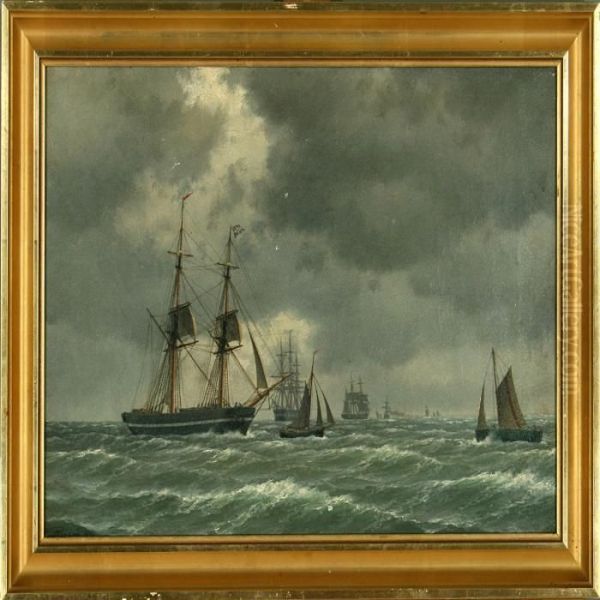 Marine With An English Brig And Several Other Sailing Ships Oil Painting by Carl Emil Baagoe