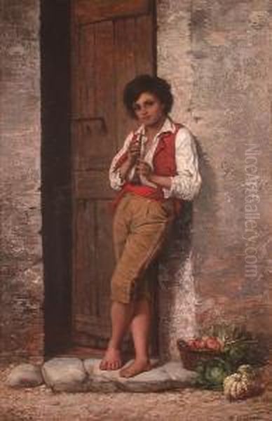 Portrait Of A Young Boy Standing In A Doorway Oil Painting by Attilio Baccani