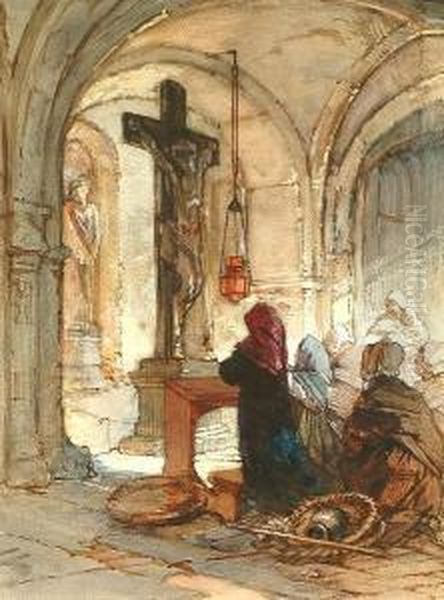 Figures Praying In A Church. Oil Painting by Guido Bach