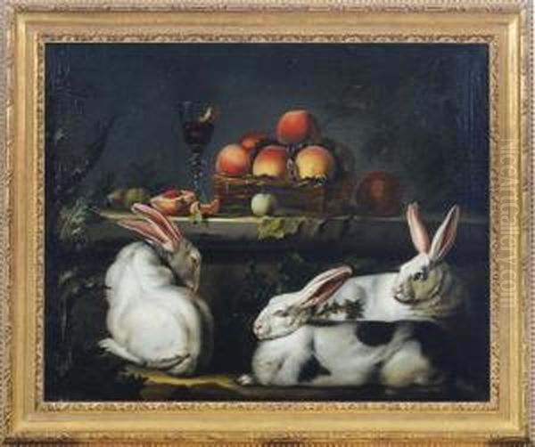 Three White Rabbits By A Ledge With Peaches In A Basket Oil Painting by Jean Jacques Bachelier