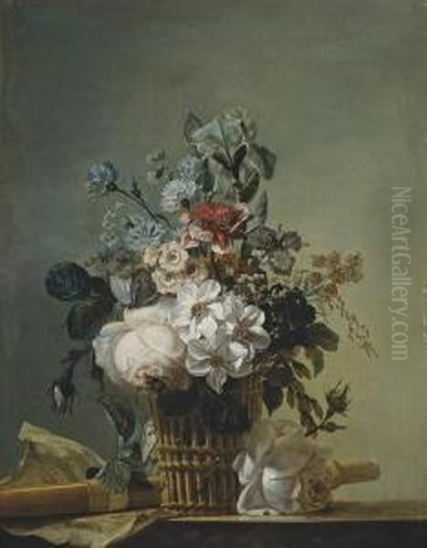 Bouquet De Fleurs, Flute Et Partition Sur Un Entablement Oil Painting by Jean Jacques Bachelier