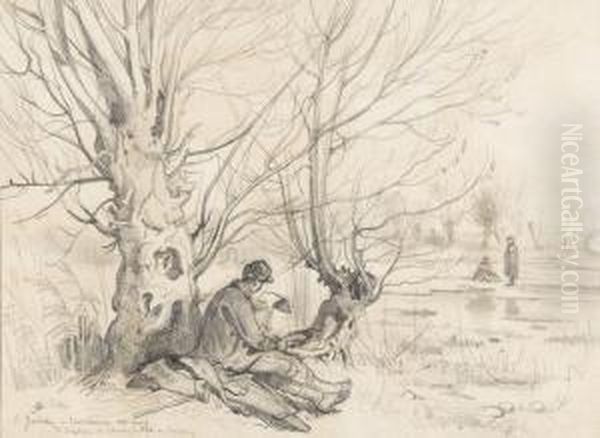 Ruhender Soldat In Baumbestandener Landschaft. Oil Painting by Auguste Bachelin