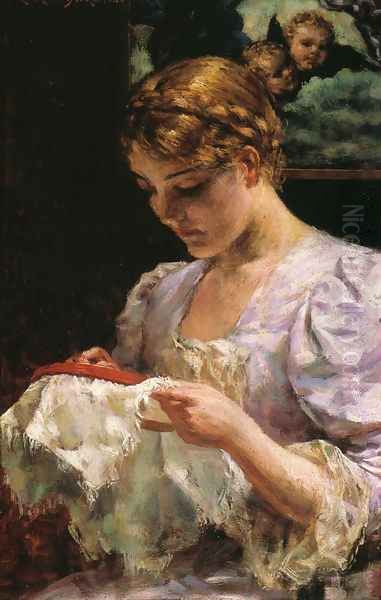 The Embroiderer Oil Painting by James Carroll Beckwith