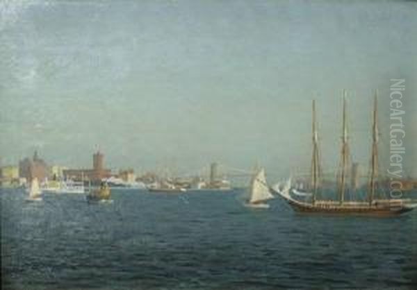 Brooklyn Bridge With Ships In The River Oil Painting by Otto (Henry) Bacher