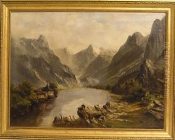 Alpensee Mit Architekturstaffage Oil Painting by Hans Bachmann