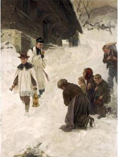 Besegnung Im Dorf 
Blessing In The Village Oil Painting by Hans Bachmann