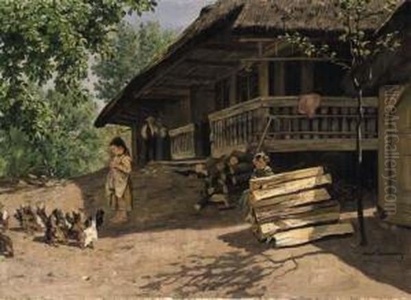 Bauernhof Mit Spielenden Kindern Oil Painting by Hans Bachmann