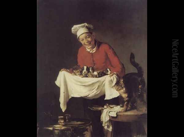 A Boy with Dogs and Kittens Oil Painting by Claude Joseph Bail