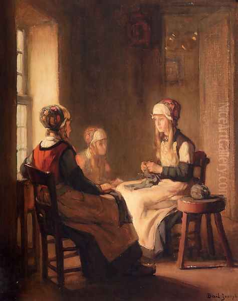 A Interior With Marken Girls Knitting Oil Painting by Claude Joseph Bail