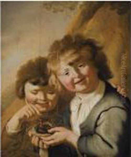 A Portrait Of Two Young Boys Holding A Bird's Nest Oil Painting by Jacob Adriaensz Backer