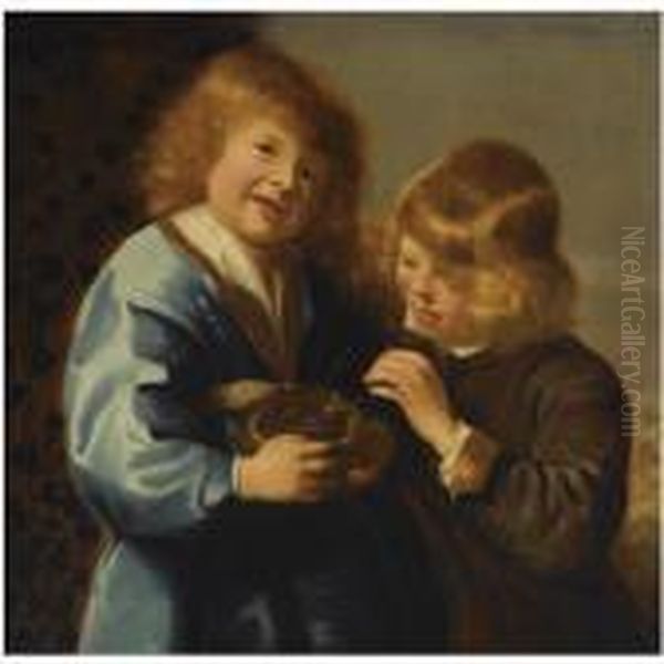 A Portrait Of Two Young Boys Holding A Bird's Nest Oil Painting by Jacob Adriaensz Backer