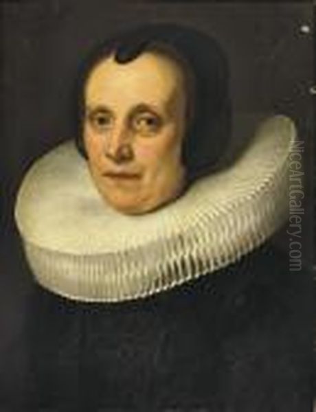 Portrait Of A Lady, Bust-length,
 In An Embroidered Black Dress Witha White 'molensteenkraag' Oil Painting by Jacob Adriaensz Backer