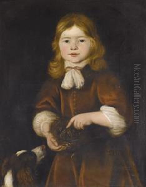 Young Boy Half Length Wearing 
Red And Holding A Bird's Nest Together With A 
Spaniel Oil Painting by Jacob Adriaensz Backer