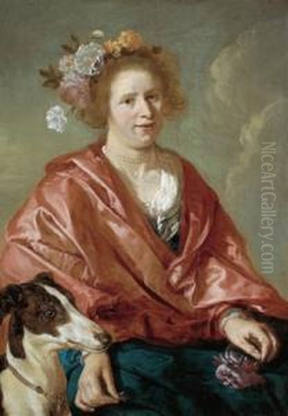 Ritratto Di Una Signora Con Fiori Nei Capelli E Un Levriero Oil Painting by Jacob Adriaensz Backer