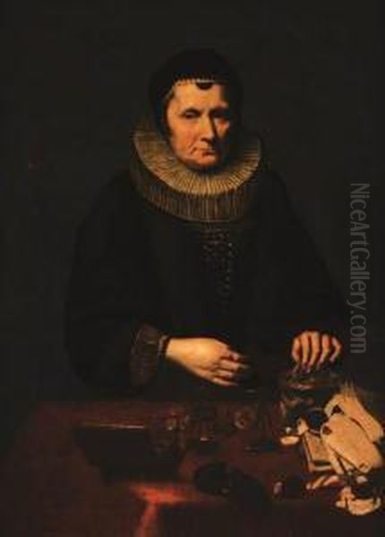 Portrait Of An Old Woman Counting Money At A Table Oil Painting by Jacob Adriaensz Backer