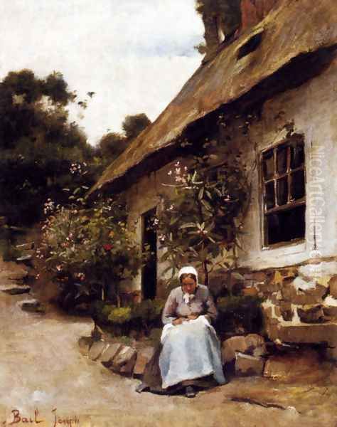 Woman Sewing In Front Of Her Cottage Oil Painting by Claude Joseph Bail