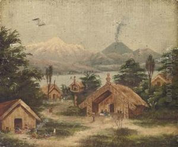 Figures Within A Maori Pa Beside
 A Lake, With Mountains Beyond; And A Maori War Canoe On A Lake, With A 
Maori Settlement Beyond Oil Painting by John Philamon Backhouse