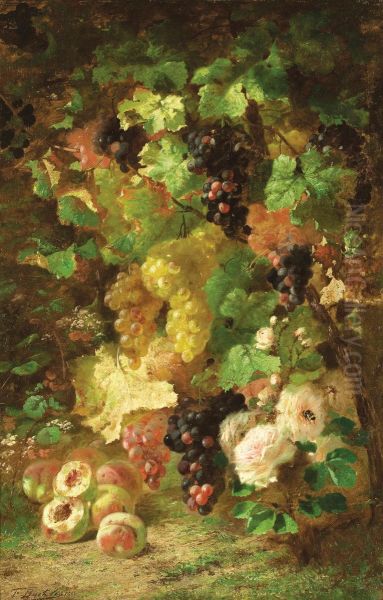 Still Life With Grapes, Peaches And Roses Oil Painting by Frans Backvis