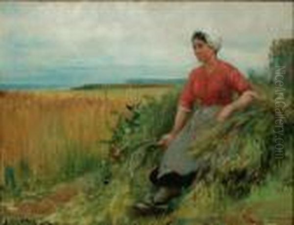 Breton Woman Resting With Scythe On A Sheath Of Wheat Oil Painting by Henry Bacon