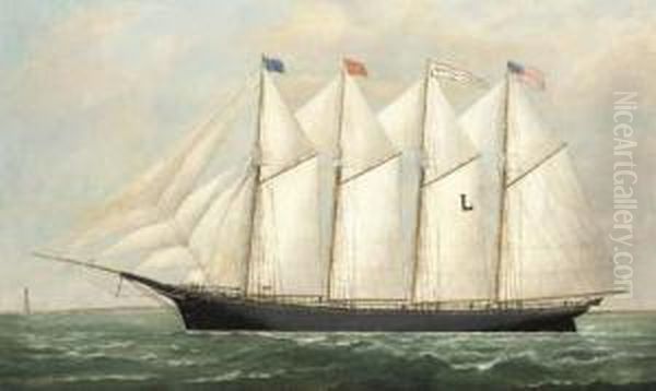 The Four-masted Schooner Sarah W. Lawrence In New Englandwaters Oil Painting by Samuel Finley Morse Badger