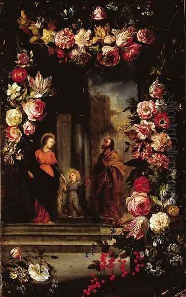 A garland of flowers surrounding The Holy Family Oil Painting by Jan Brueghel the Younger