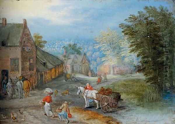 A village street with figures leading a horse and cart Oil Painting by Jan Brueghel the Younger