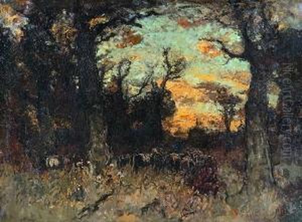 Viehherde Im Herbstwald. Oil Painting by Fritz Baer