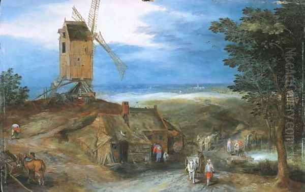 An extensive landscape with travellers passing a cottage and a miller on his way to a windmill Oil Painting by Jan Brueghel the Younger