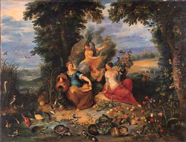 The Four Elements in a wooded coastal landscape Oil Painting by Jan Brueghel the Younger