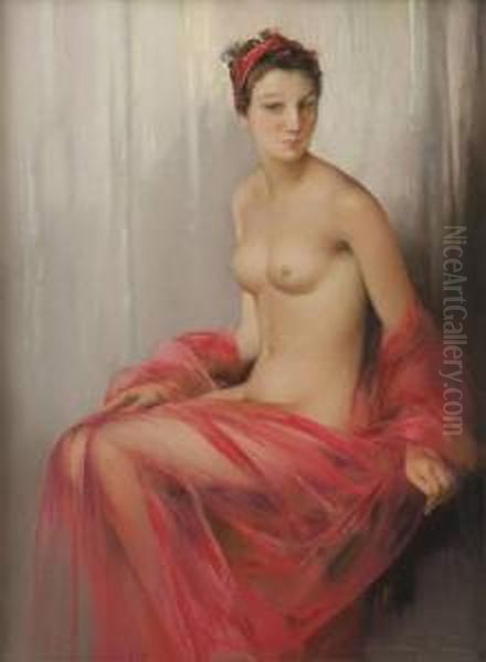 Femme Au Voile Rouge Oil Painting by Firmin Baes