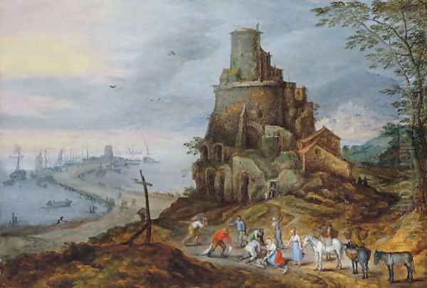 A coastal landscape with fishermen with their catch by a ruined tower Oil Painting by Jan Brueghel the Younger